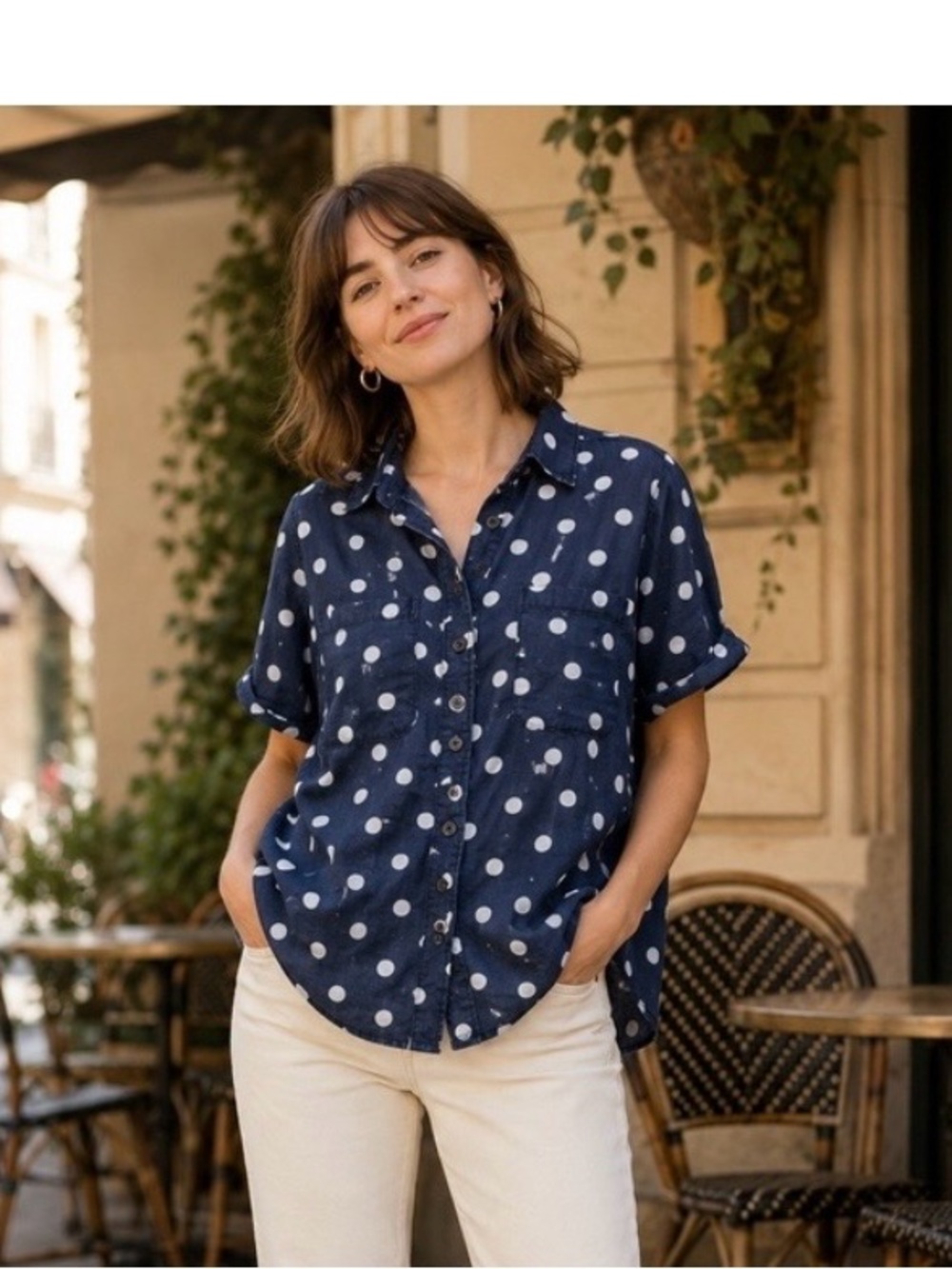 Maeve Navy and White Polka Dot Short-Sleeve Button Shirt